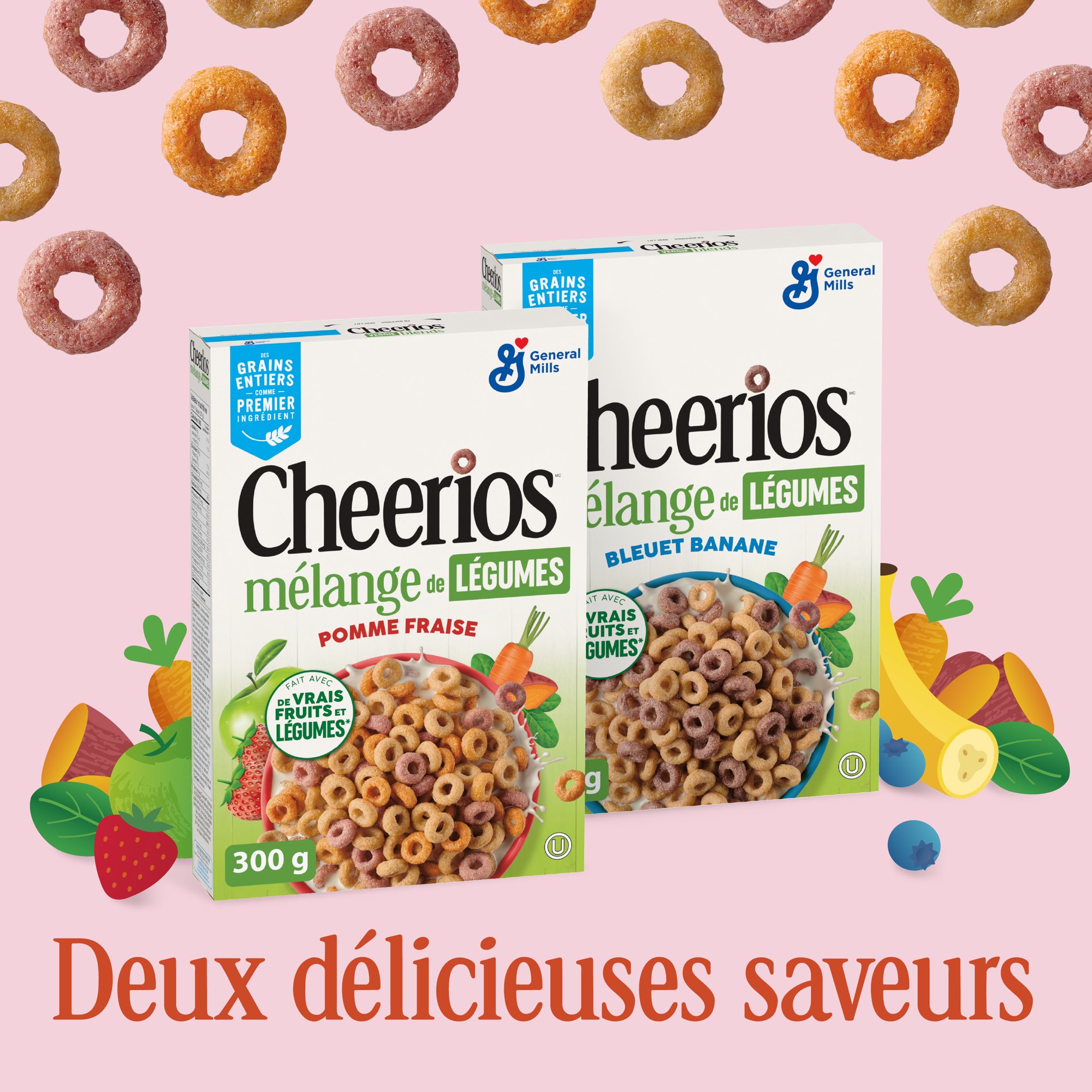 Two French Cheerios Veggie Blends cereal packages featuring different fruit flavors