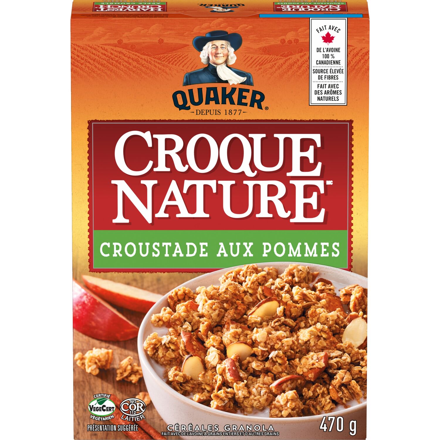 French front view of Quaker Harvest Crunch Croustade aux pommes granola cereal 470 g box with product bowl image.