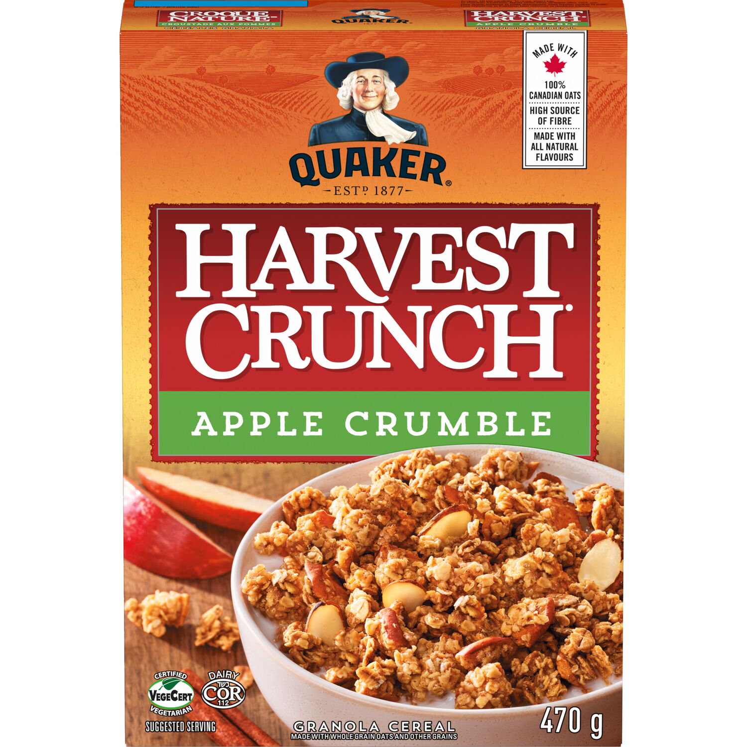 Front view of Quaker Harvest Crunch Apple Crumble granola cereal 470 g box with vegetarian and kosher certification symbols.