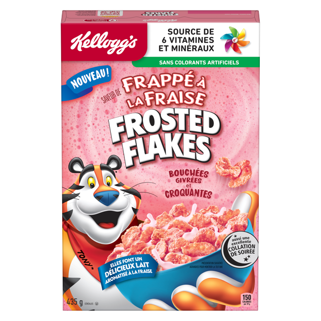 French-language Kellogg’s Frosted Flakes strawberry milkshake cereal box showing frosted crunchy flakes