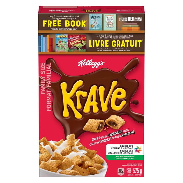 Kellogg's Krave Chocolate Flavour Cereal family-size packaging with cereal bowl and chocolate-filled pieces