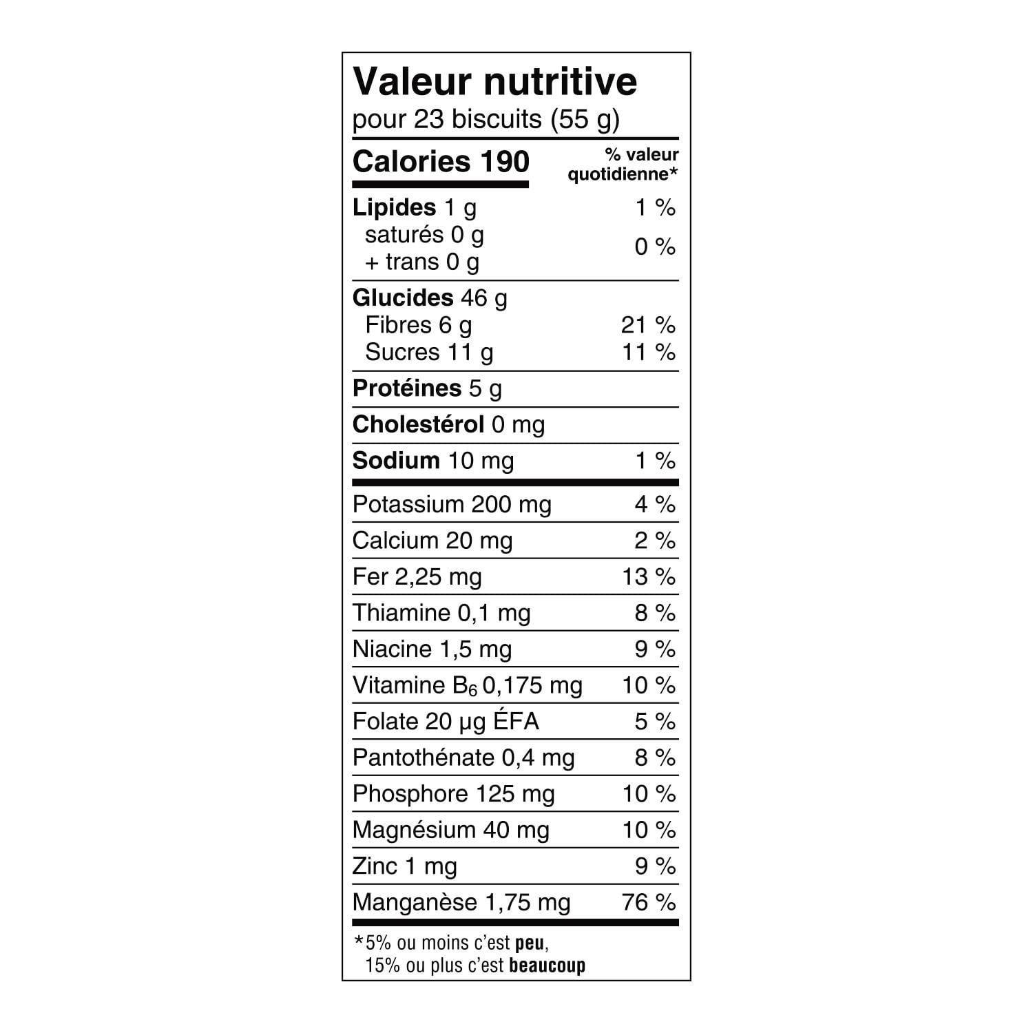 Kellogg's Mini-Wheats cereal French nutrition facts panel with fiber, protein, and nutrient information