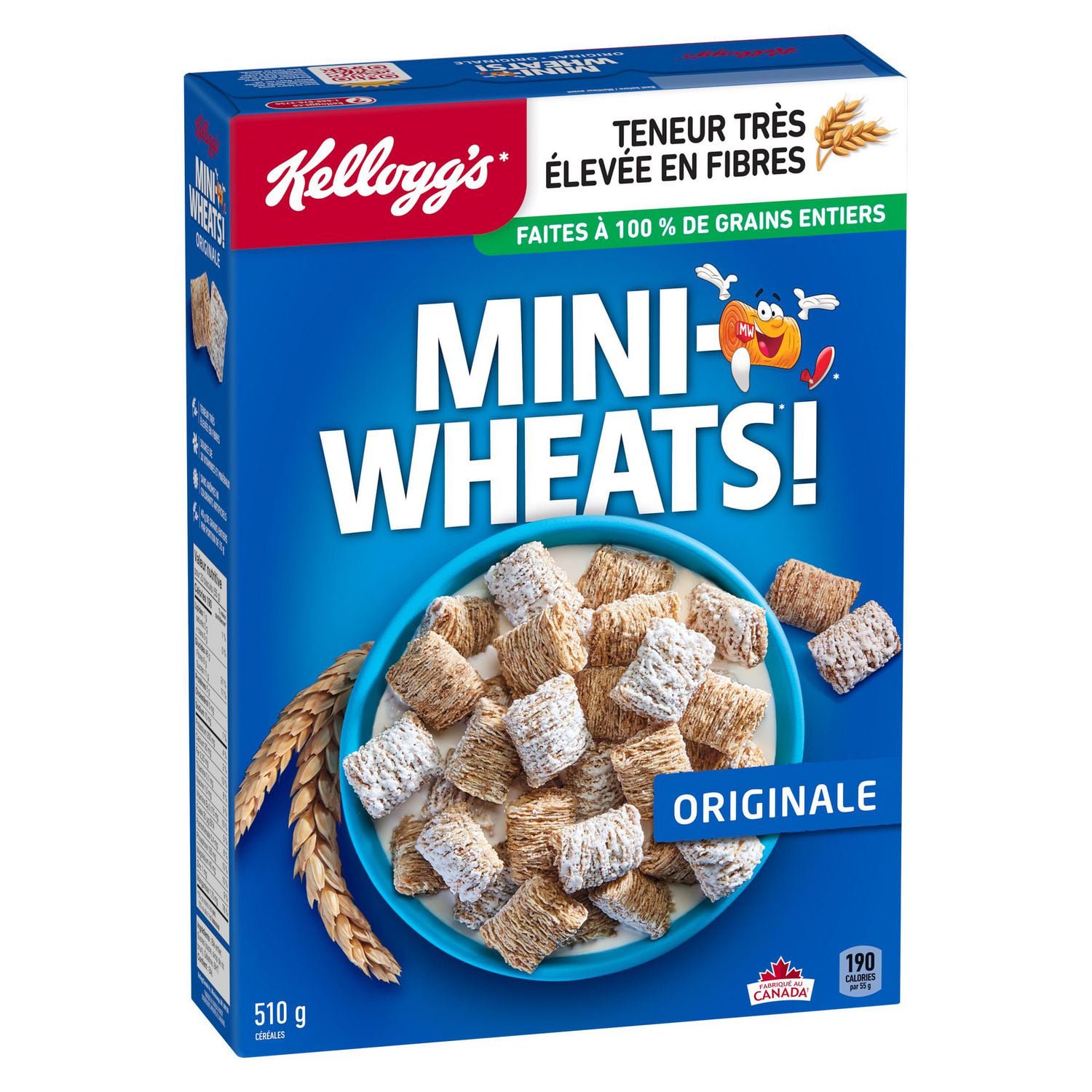 Kellogg's Mini-Wheats Original cereal box angled front view with 100% whole grain messaging