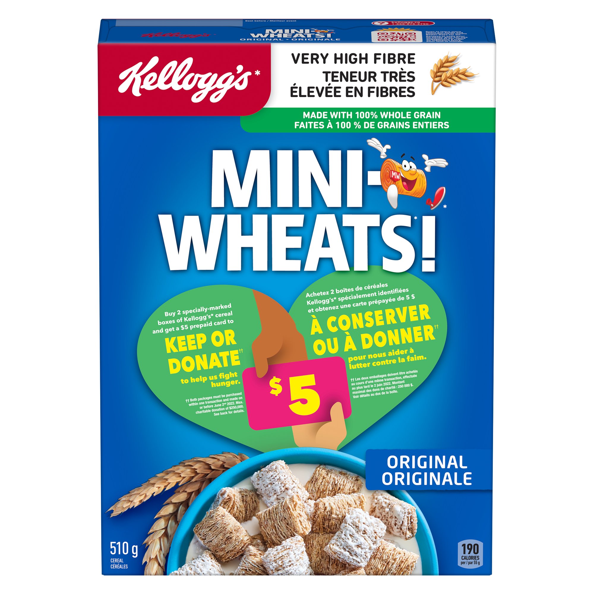 Kellogg's Mini-Wheats Original cereal box featuring crunchy cereal pieces and promotional artwork