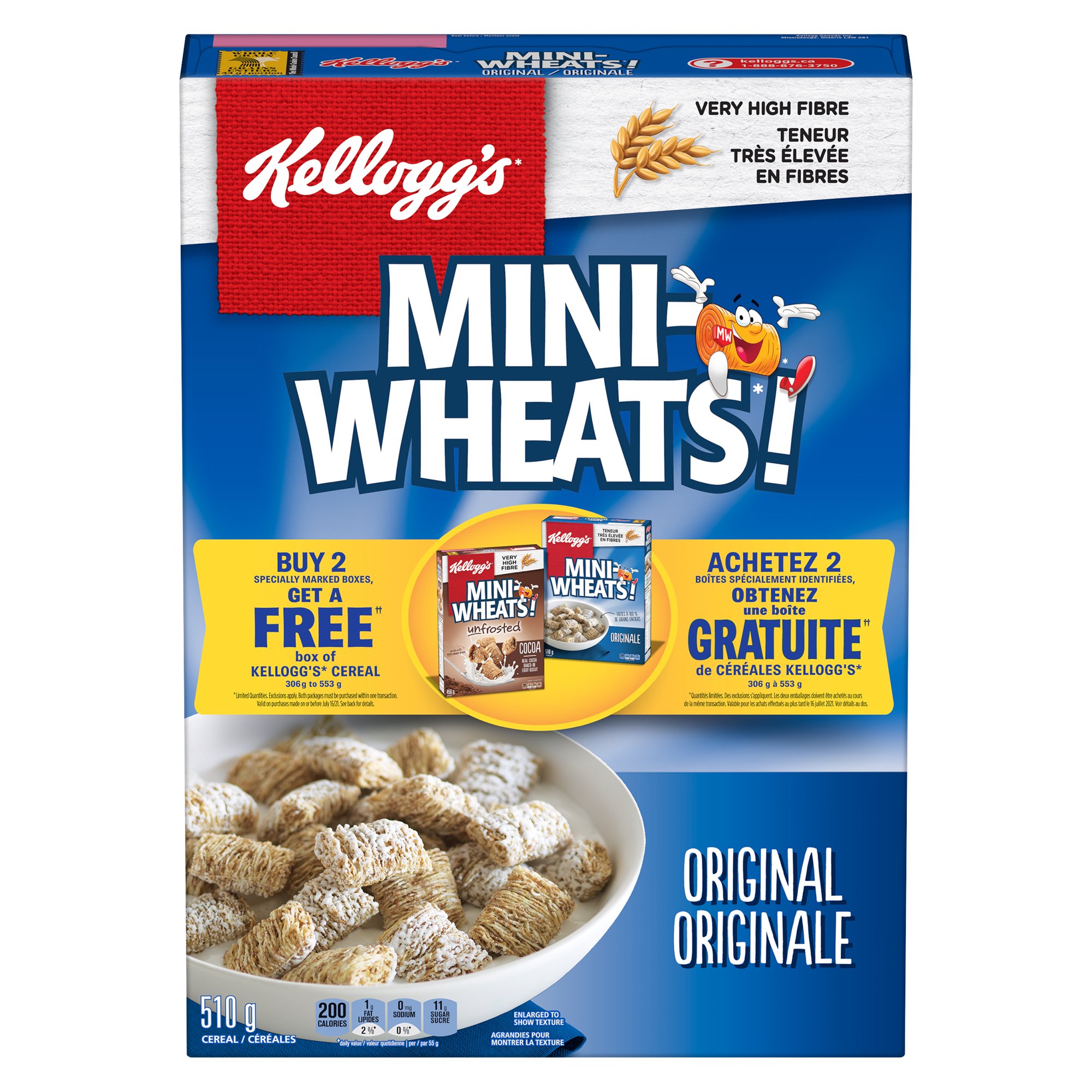 Kellogg's Mini-Wheats Original cereal ingredients panel listing whole grain wheat, sugars, gelatin, and BHT