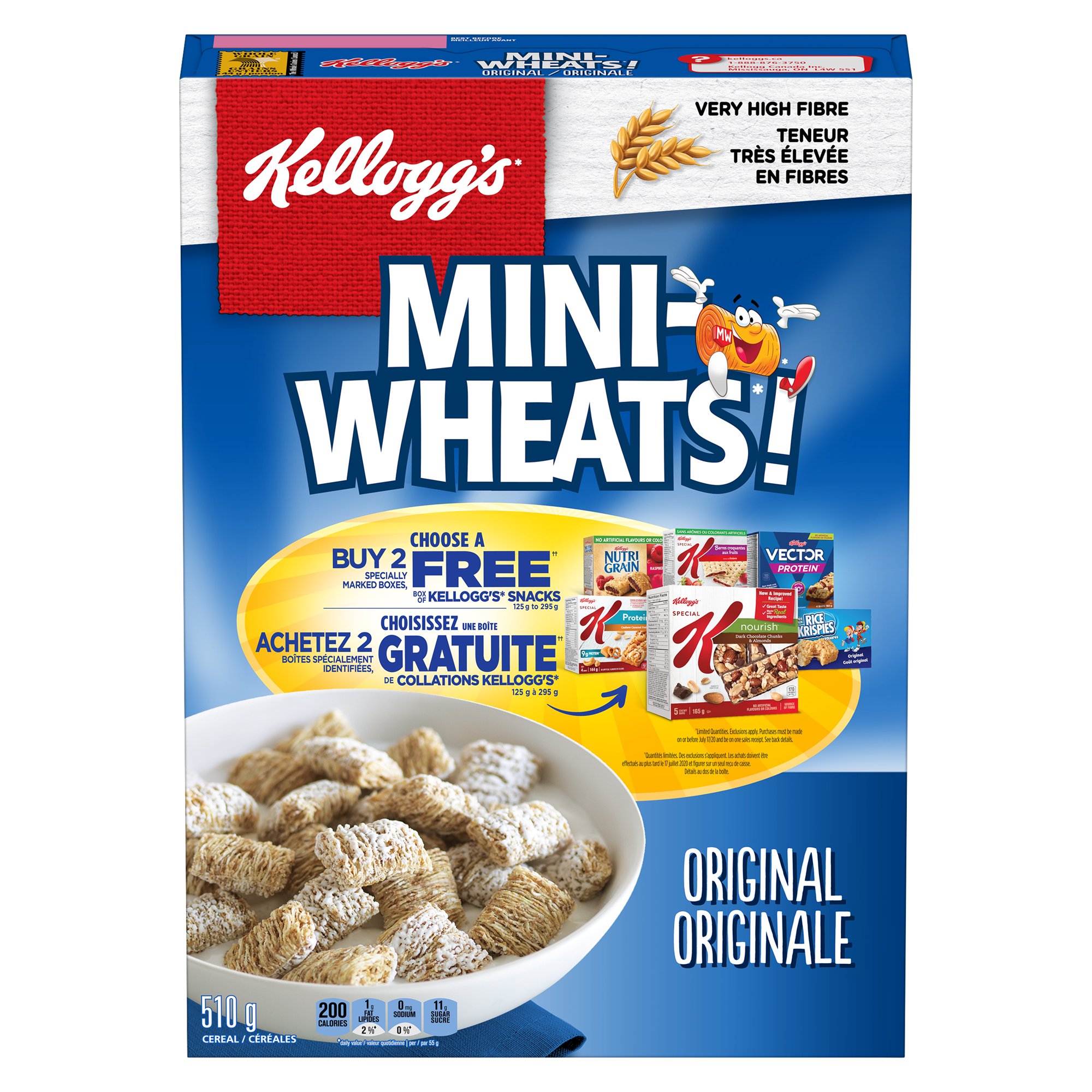 Kellogg's Mini-Wheats Original cereal package with promotional offer and assorted Kellogg's products