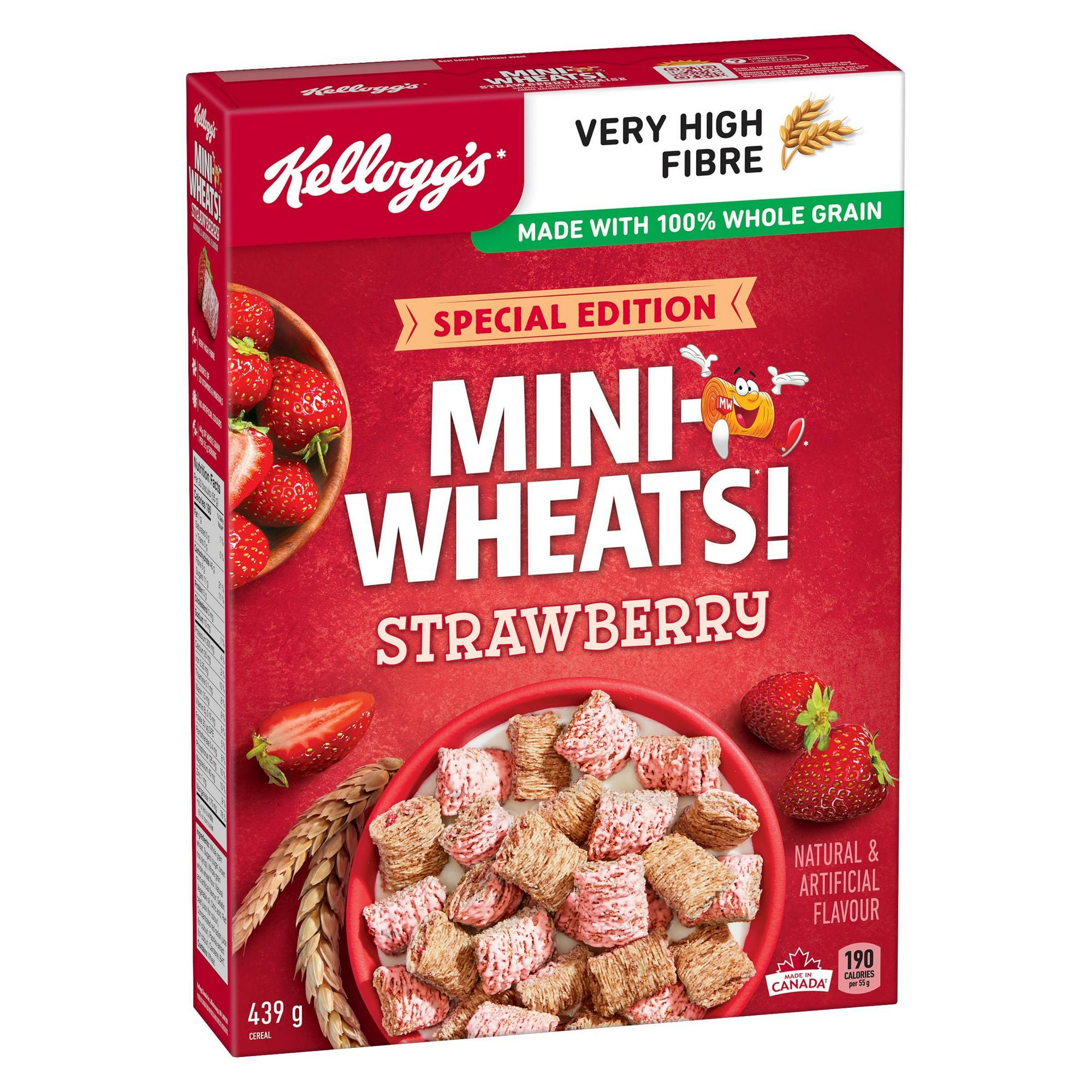 Angled Kellogg's Mini-Wheats Strawberry cereal package displaying the front and side panels