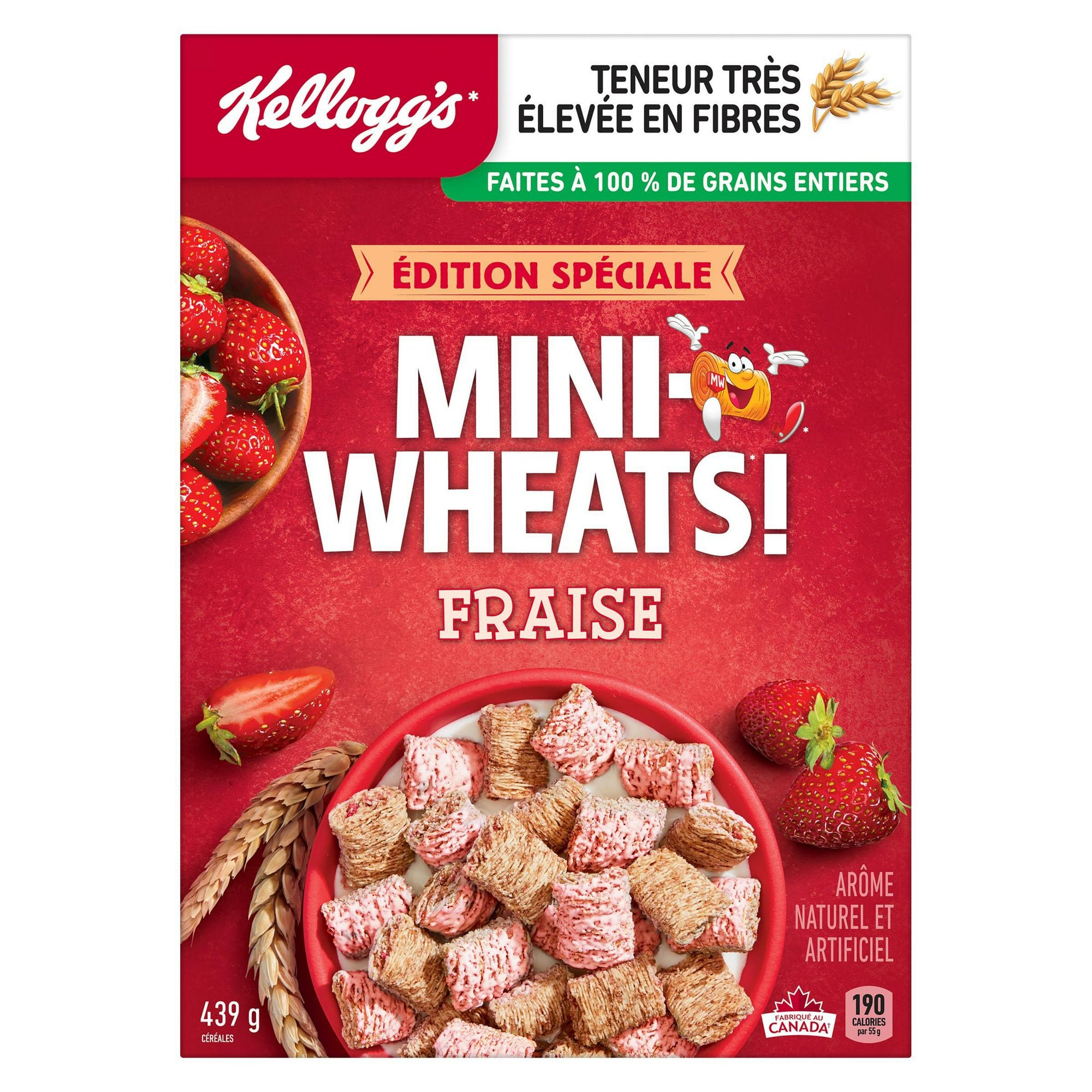 French-language Kellogg's Mini-Wheats Fraise cereal package with strawberry imagery