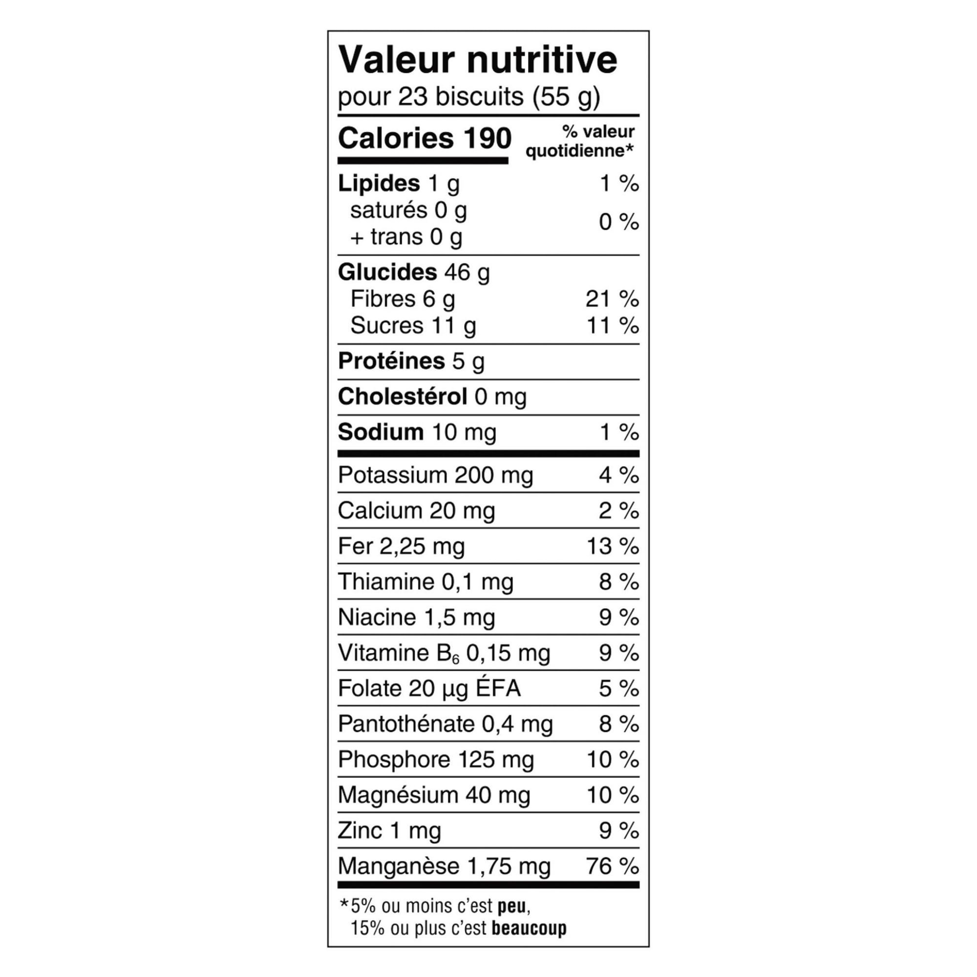 French nutrition information panel for Mini-Wheats Strawberry Cereal per 55 g serving
