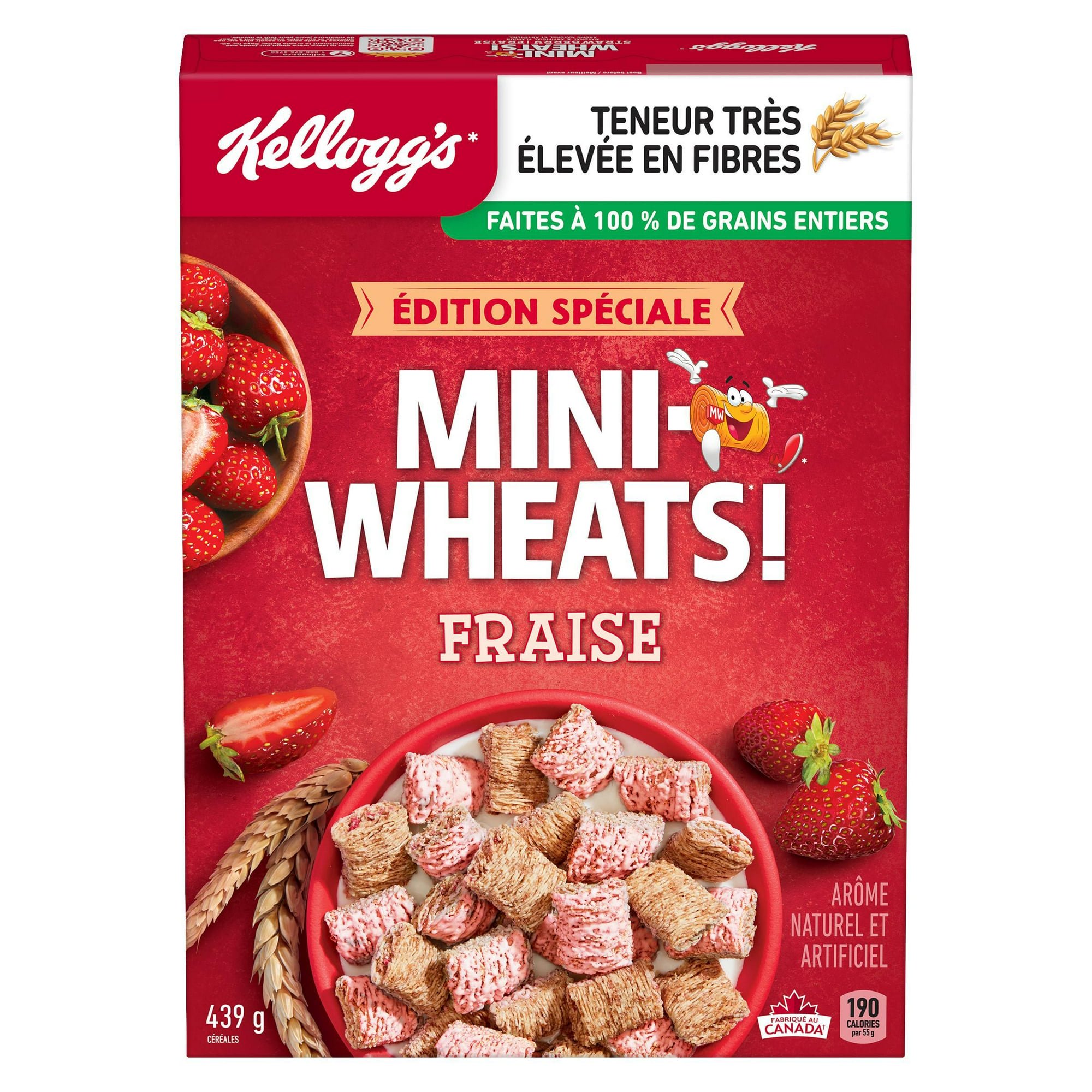 Front-facing French Kellogg's Mini-Wheats Fraise 439 g cereal box