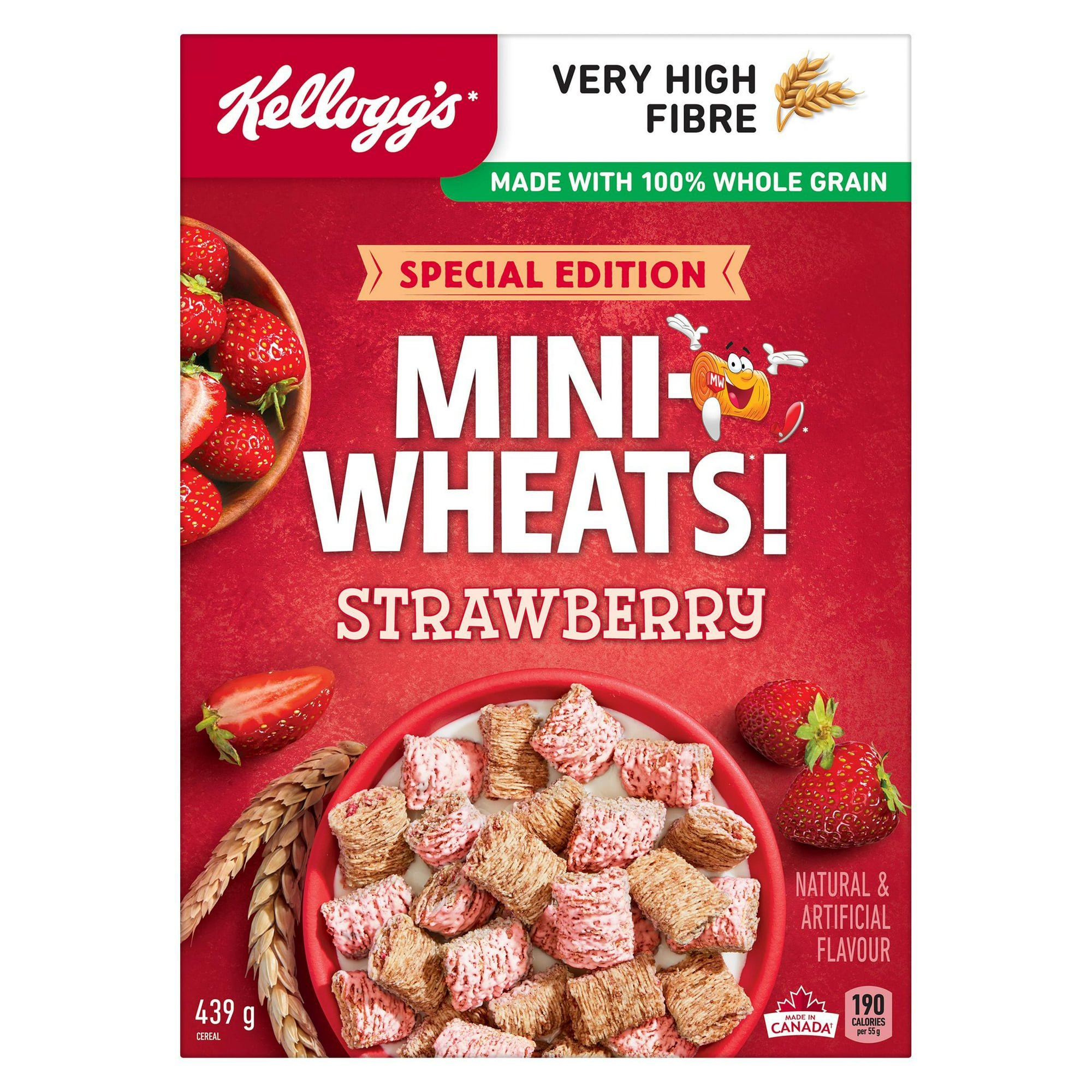 Front view of Kellogg's Mini-Wheats Strawberry Flavour cereal box with 100% whole grain label