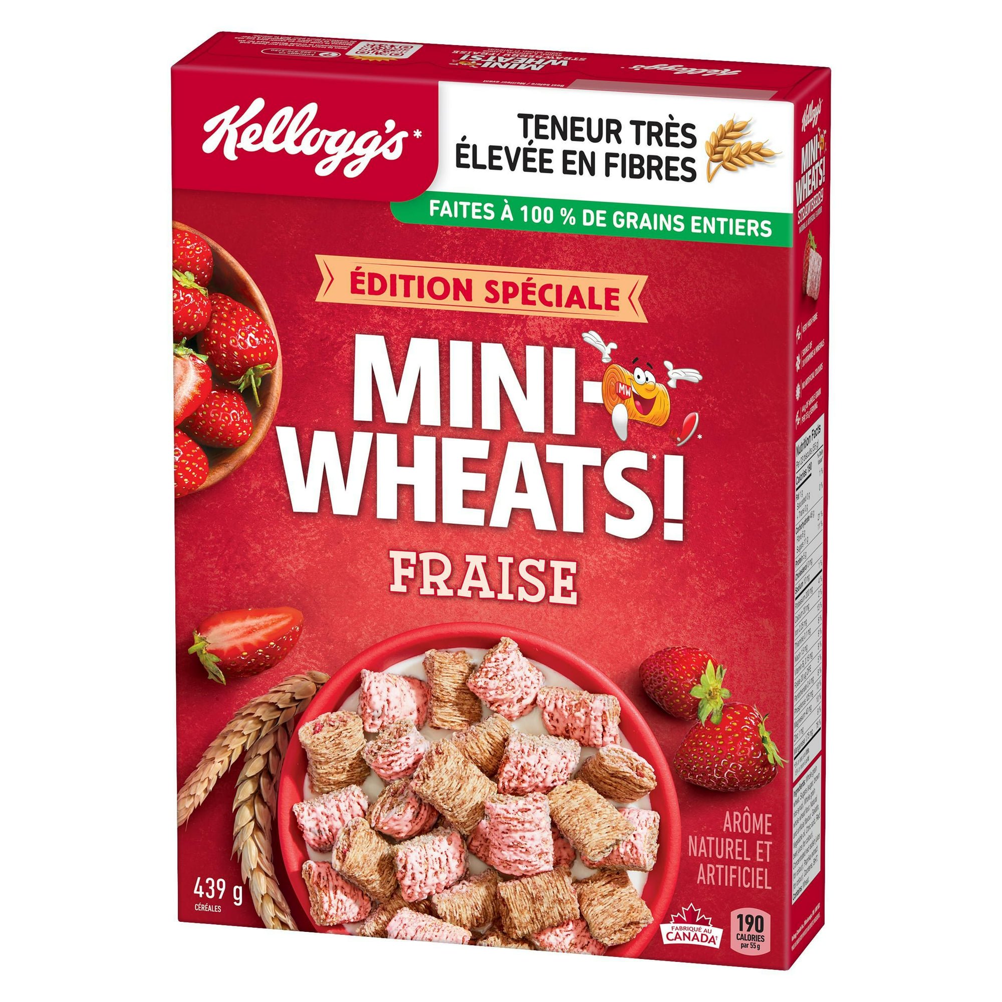 Three-quarter French-language view of Kellogg's Mini-Wheats Fraise 439 g cereal box