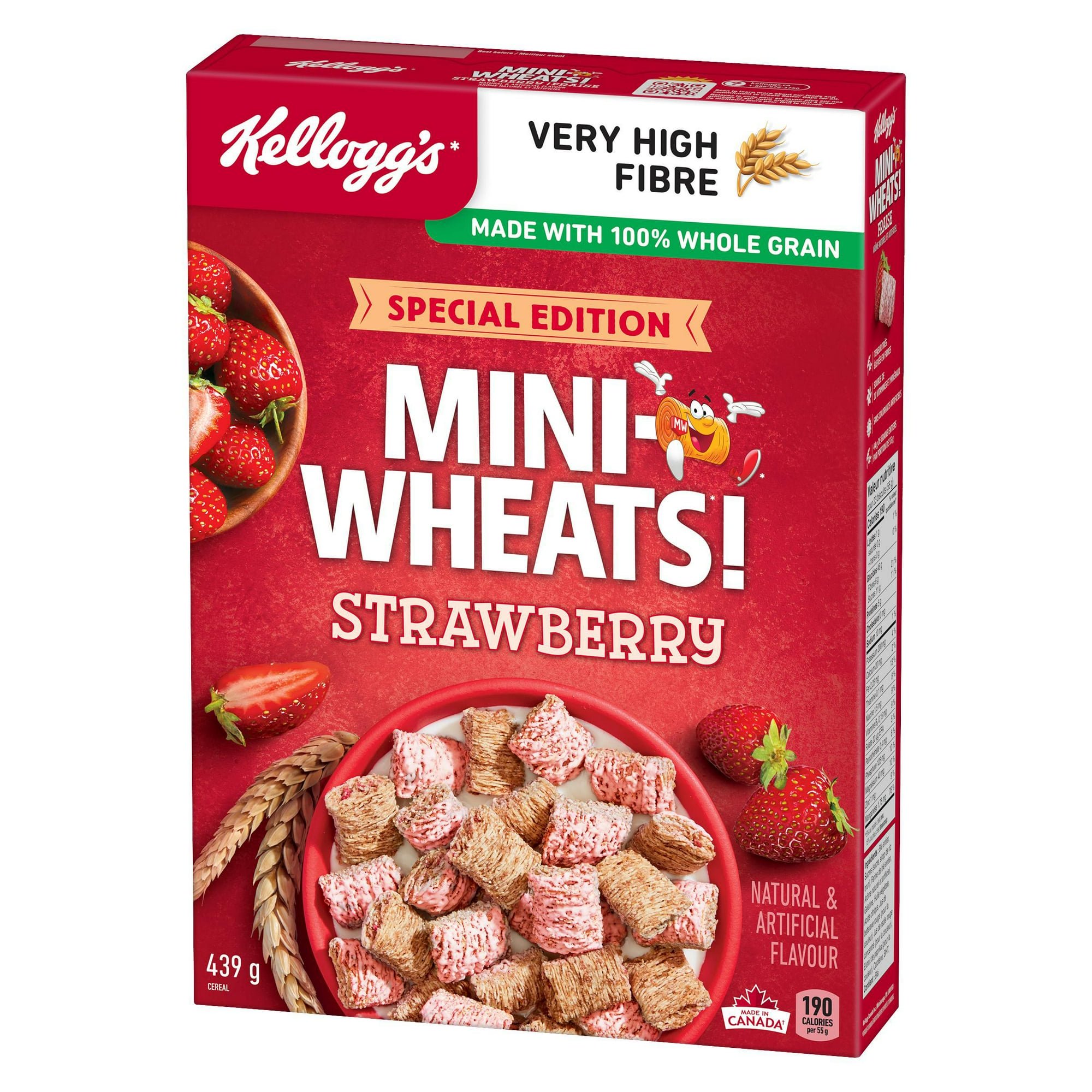 Three-quarter view of Kellogg's Mini-Wheats Strawberry Cereal 439 g package