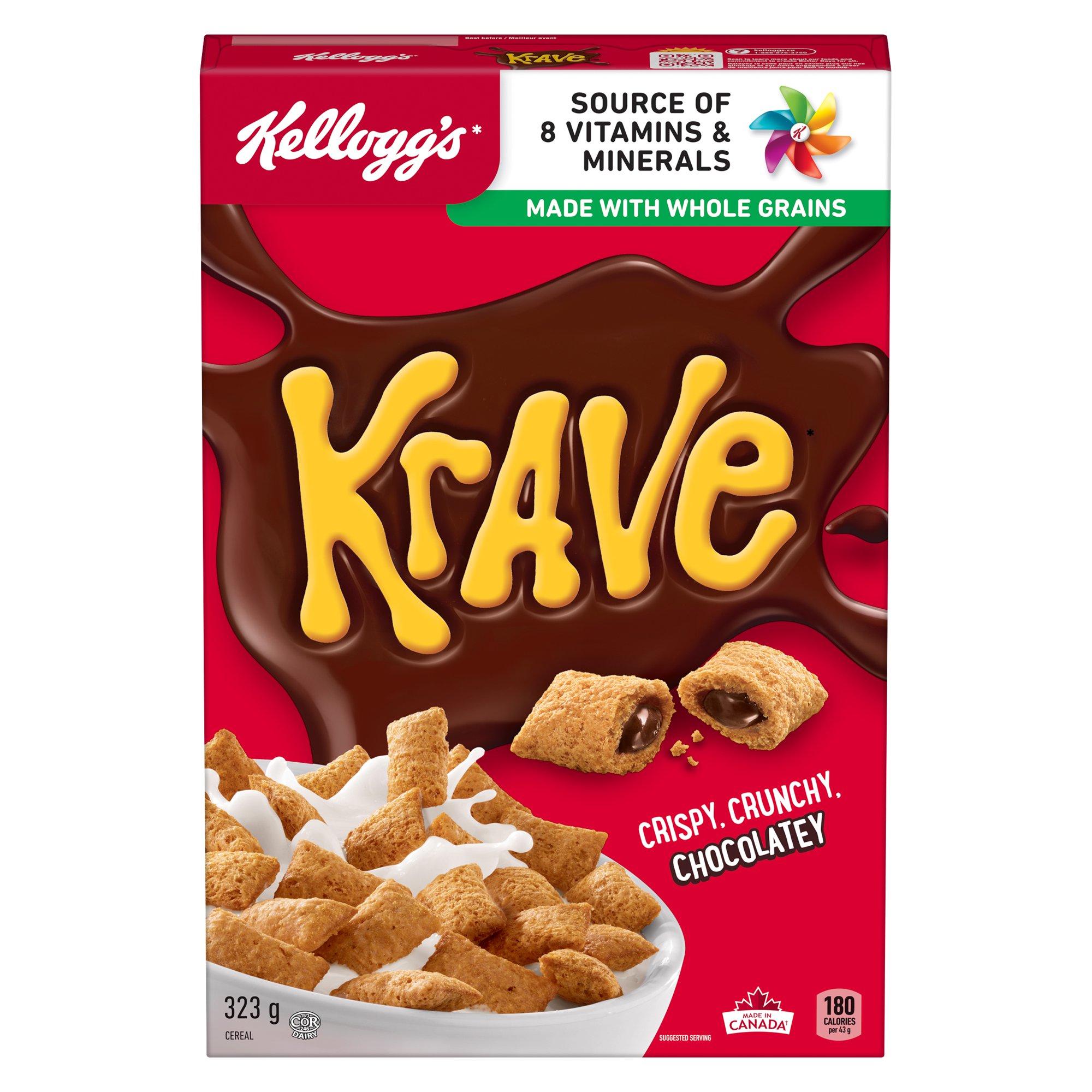 Kellogg's Krave cereal box featuring whole grain cereal and chocolate-flavored filling