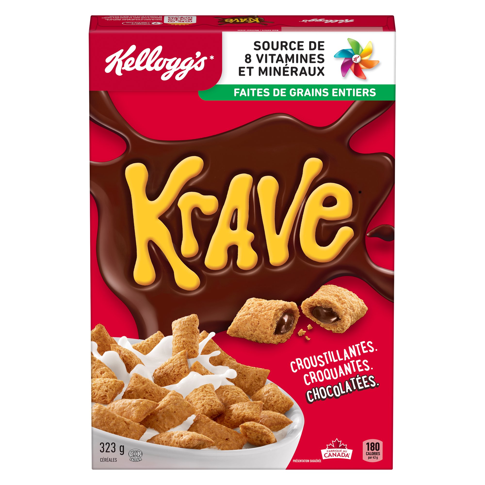 Kellogg's Krave cereal box with source of 8 vitamins and minerals and whole grain messaging