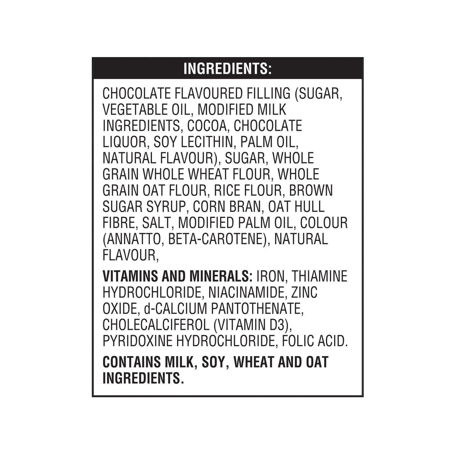 Kellogg's Krave cereal ingredient list showing chocolate filling, whole grain flours, and vitamin ingredients
