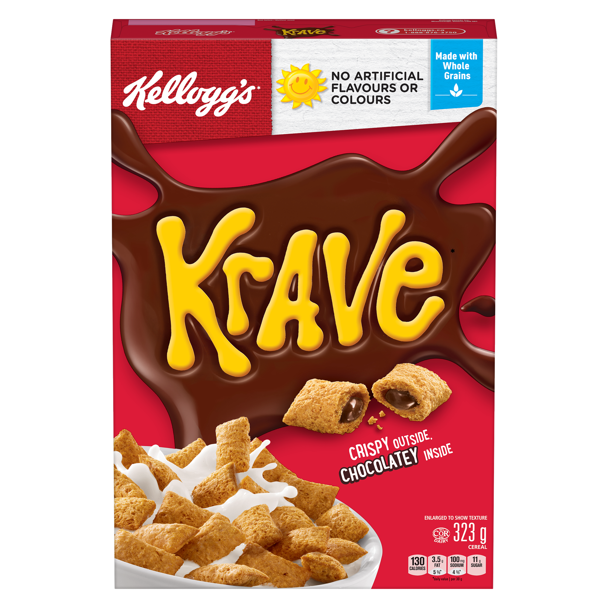 Kellogg's Krave cereal package showing crispy crunchy chocolatey cereal pieces and whole grain claim