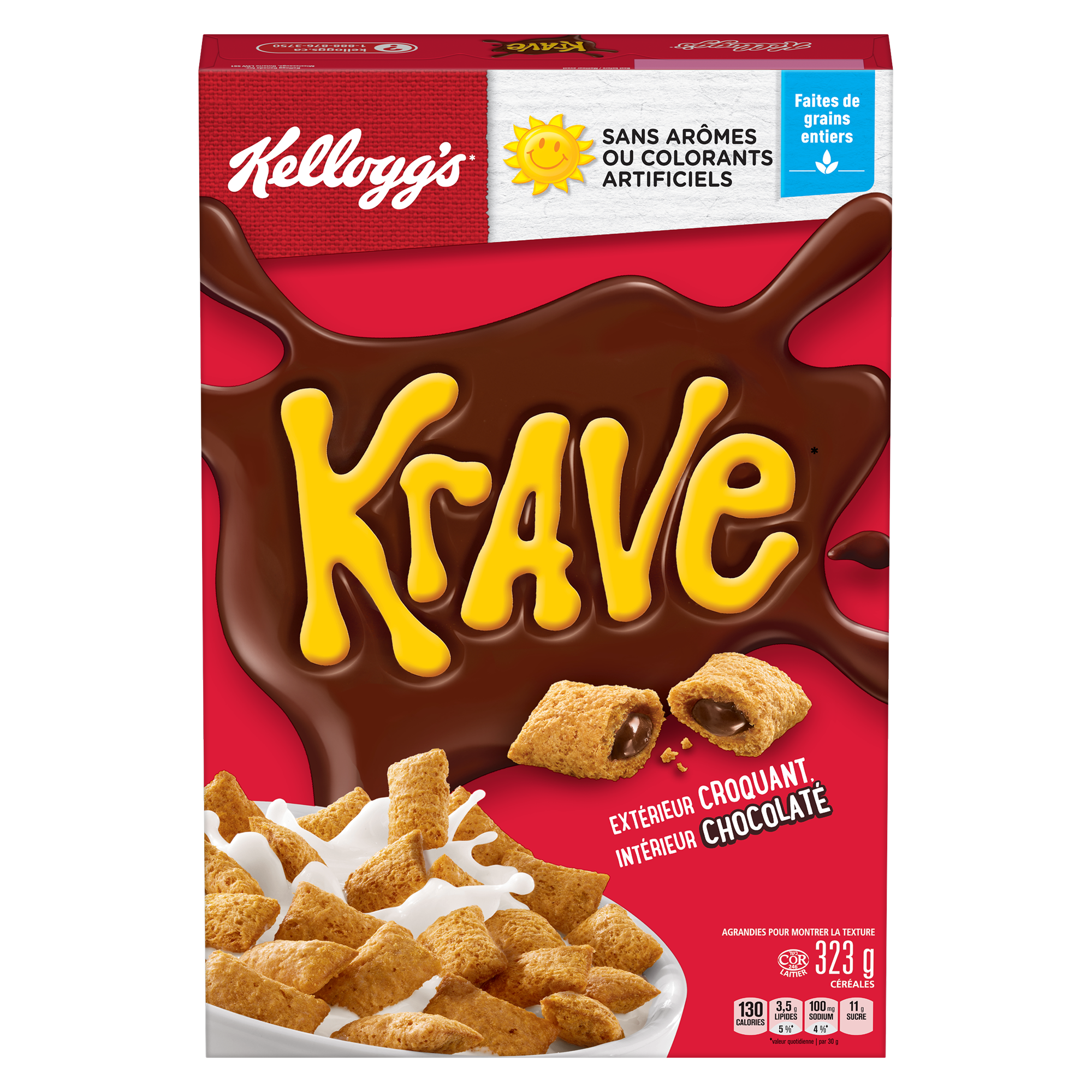Kellogg's Krave Chocolate Flavor Cereal package featuring crunchy cereal pieces and chocolate centers