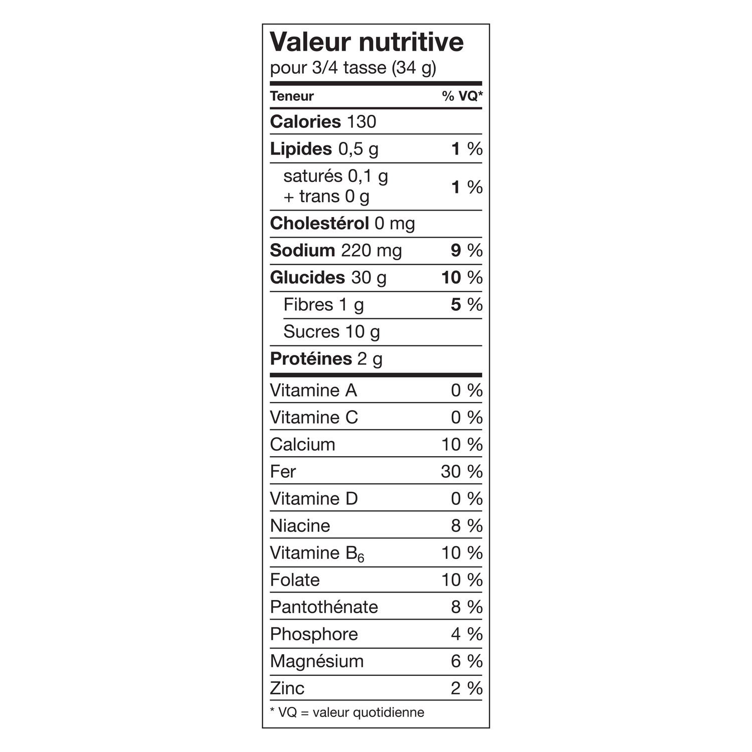 French-language nutrition panel for Honey Nut Chex cereal showing serving size and nutrient values