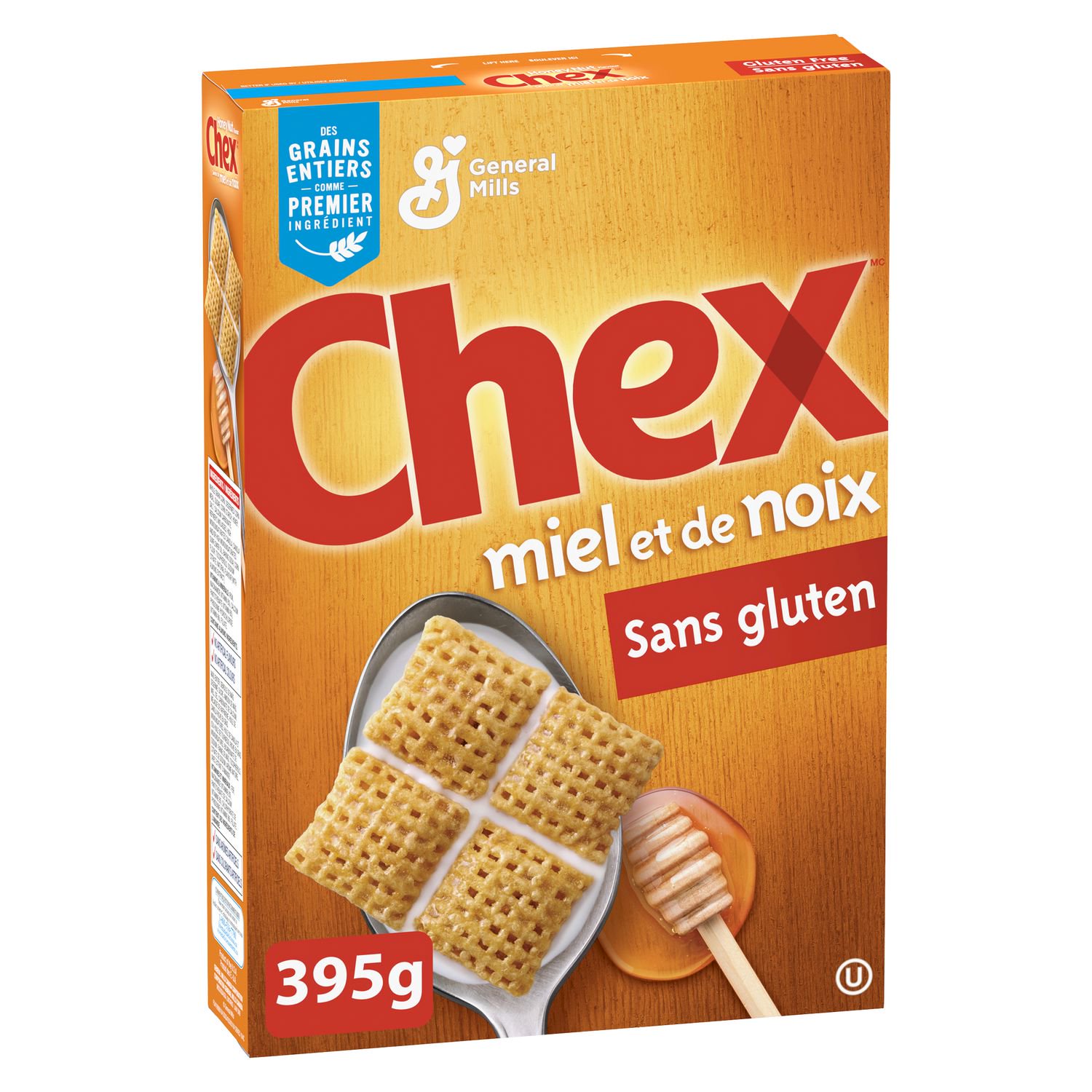 Front angled view of Honey Nut Chex gluten-free cereal box with honey nut flavor