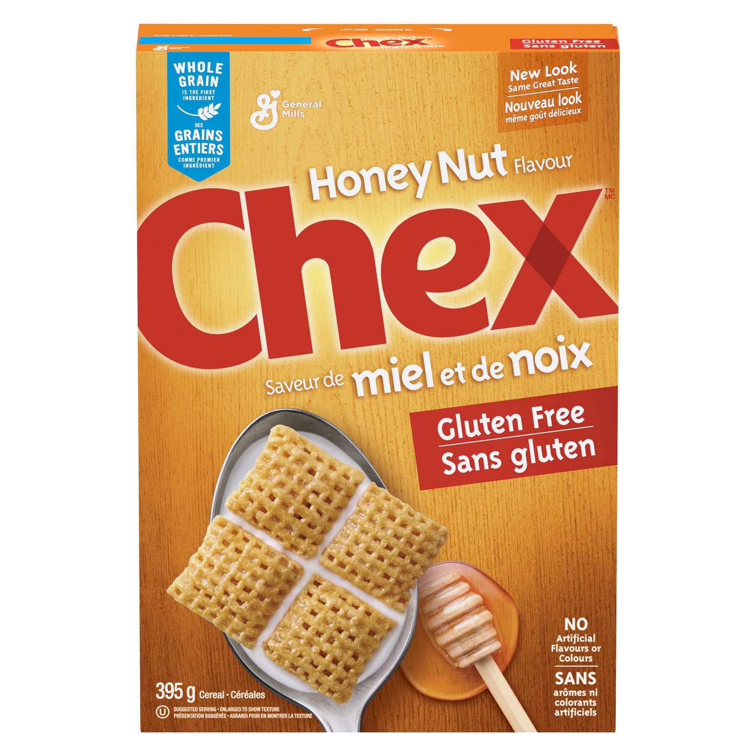 Honey Nut Chex 395 g cereal package featuring whole grain corn and gluten-free labeling