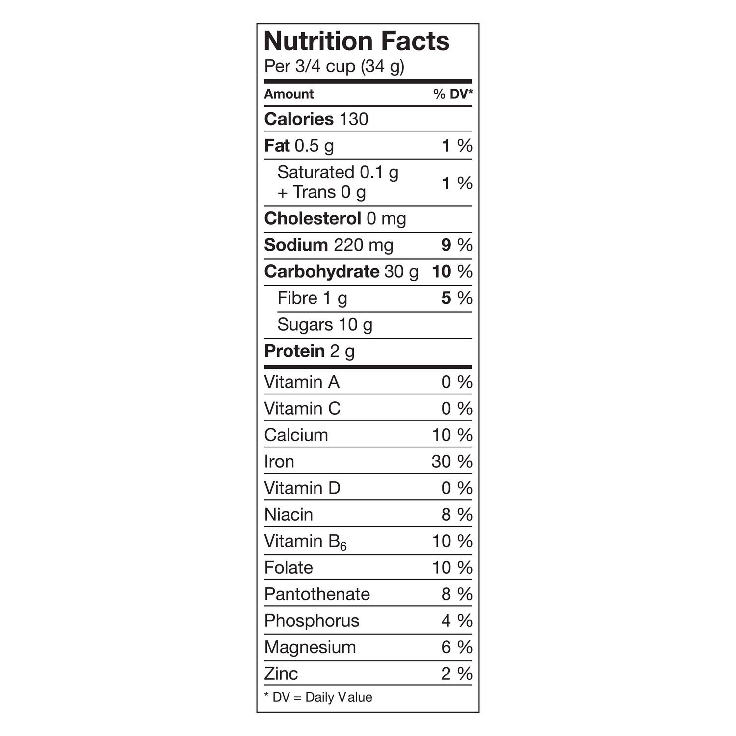 Honey Nut Chex Nutrition Facts panel with calories, carbohydrates, fiber, and protein information