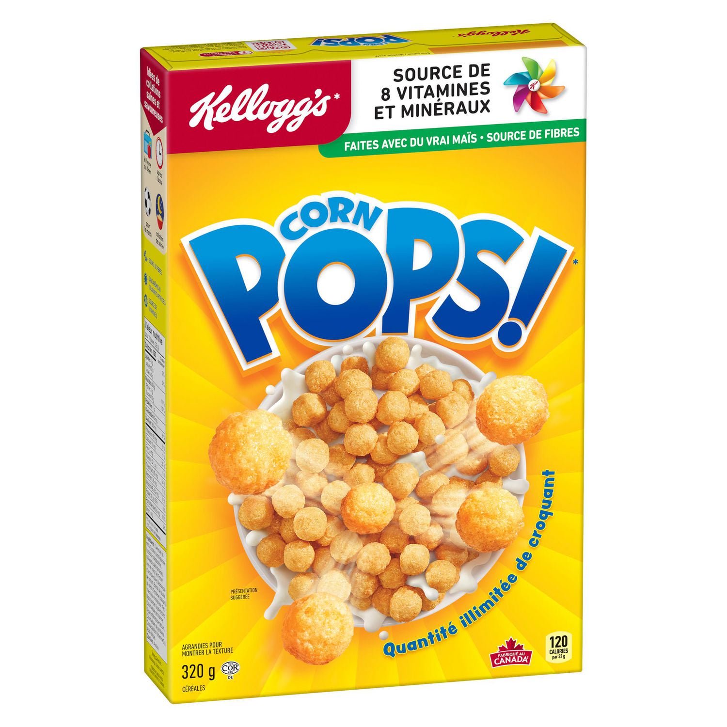 Angled French Kellogg’s Corn Pops cereal package with golden cereal pieces, milk bowl and 320g label