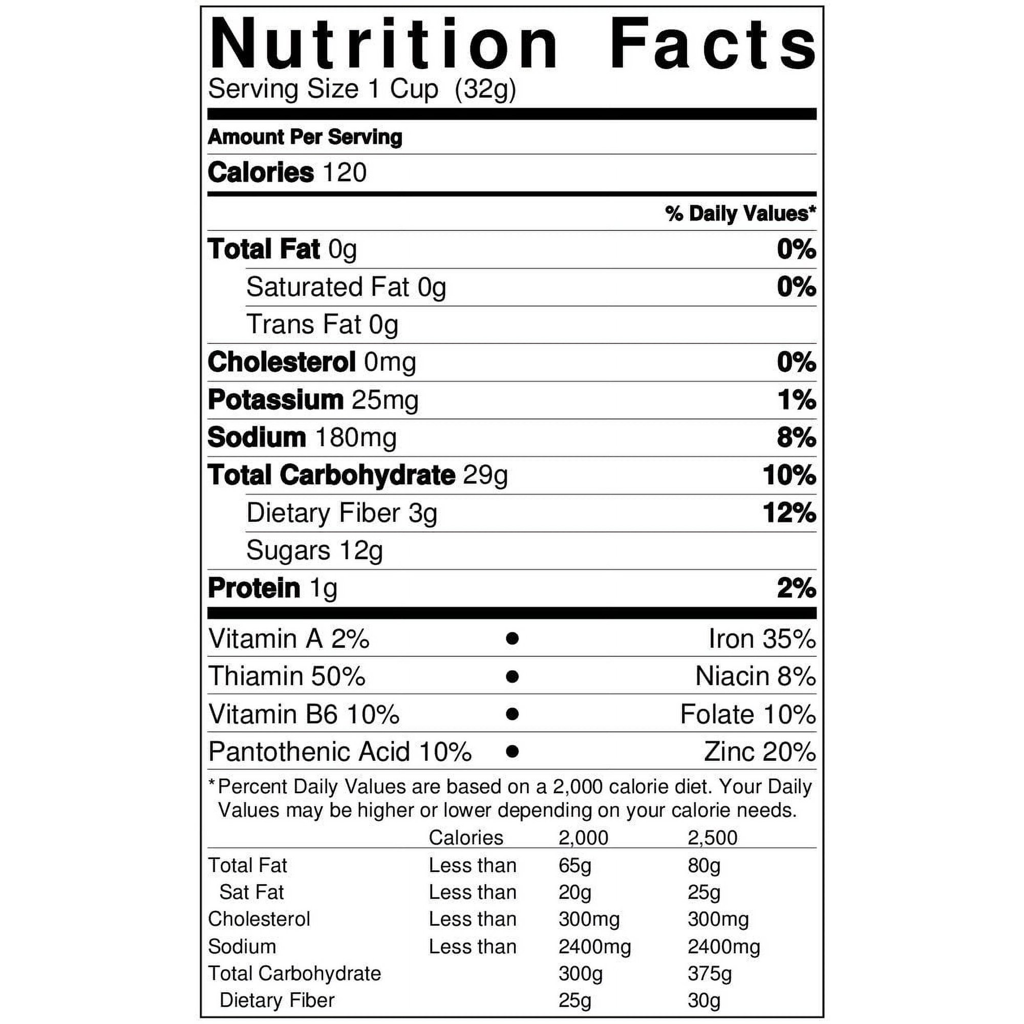Corn Pops cereal nutrition panel listing carbohydrates, sugars, sodium, protein, vitamins and minerals
