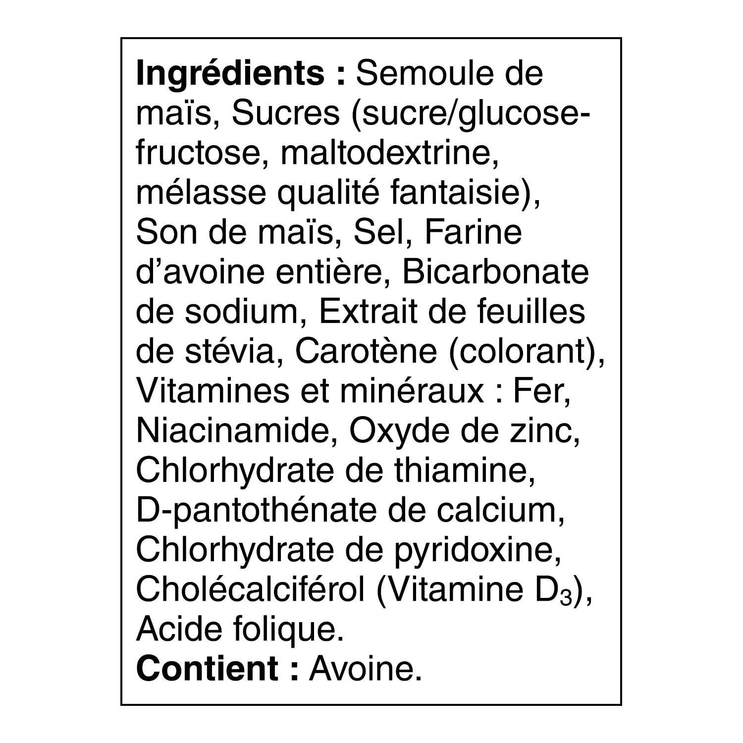 French ingredient label for Kellogg’s Corn Pops listing cornmeal, sugars, corn bran, whole grain oat flour and added nutrients