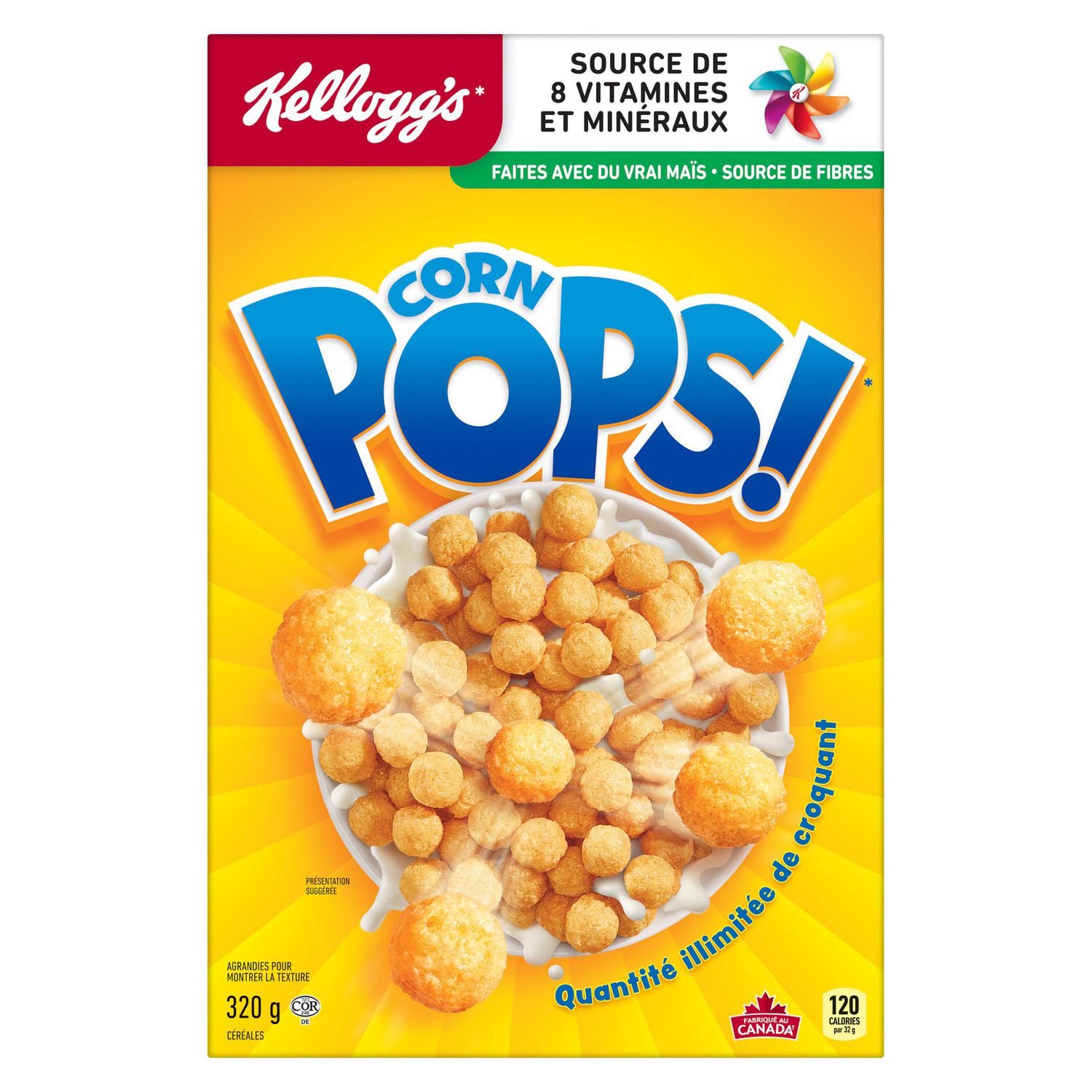 French-language Kellogg’s Corn Pops cereal box featuring crunchy cereal pops, 320g package and milk bowl