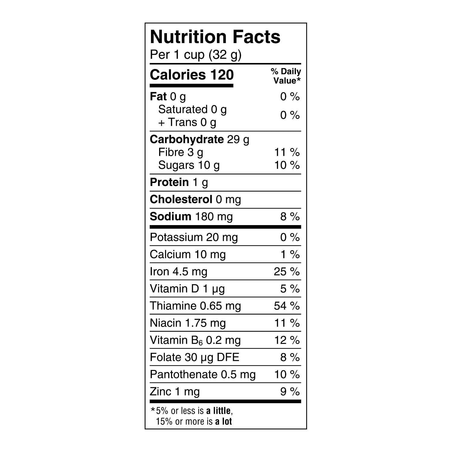 Kellogg’s Corn Pops nutrition facts showing 120 calories and 3g fibre per 32g serving