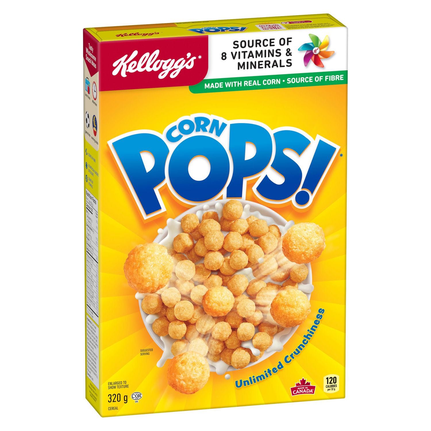 Three-quarter view of Kellogg’s Corn Pops 320g cereal box showing the front panel and side nutrition information