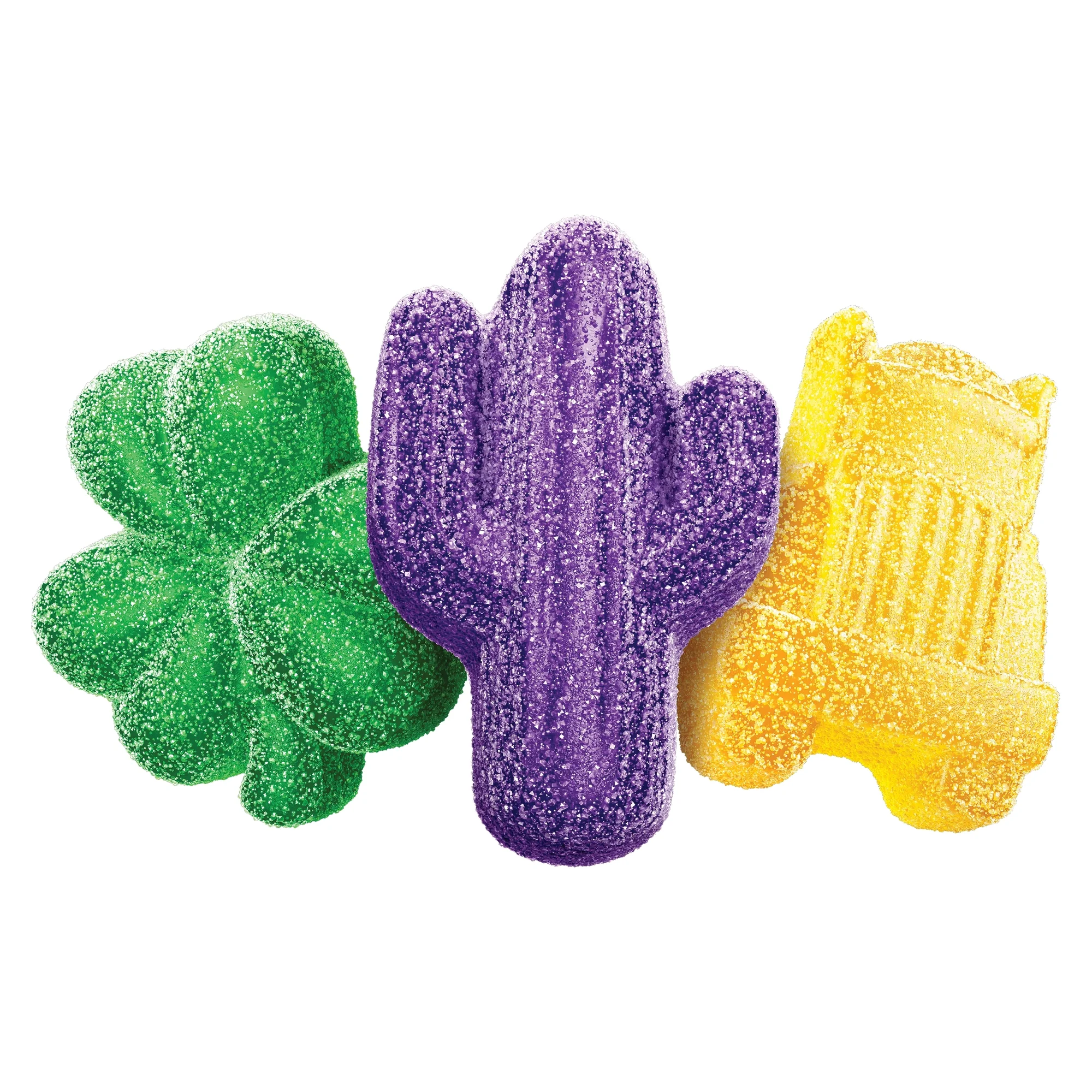Three SHAQ-A-LICIOUS sour gummy shapes in green, purple, and yellow
