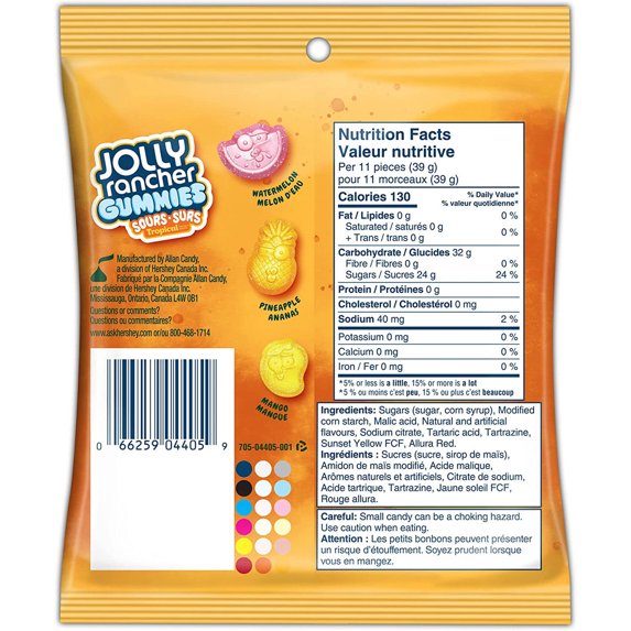 Back of Jolly Rancher Gummies Sours Tropical package with nutrition facts and tropical flavor information