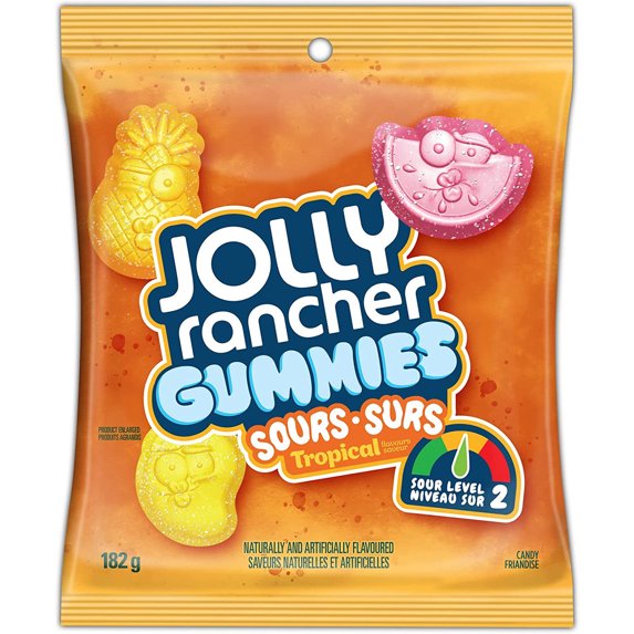 Front view of Jolly Rancher Gummies Sours Tropical 182g package