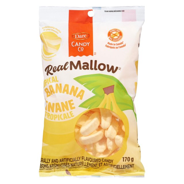 Dare RealMallow Marshmallow Bananas package showing banana-shaped candy through the clear window