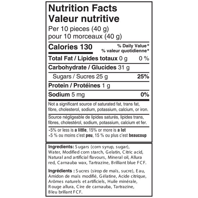 Back of STARBURST Flavour Duos Gummies 164g bag with flavor details and nutrition panel