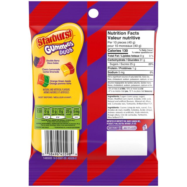 STARBURST Flavour Duos Gummies ingredient list showing candy ingredients