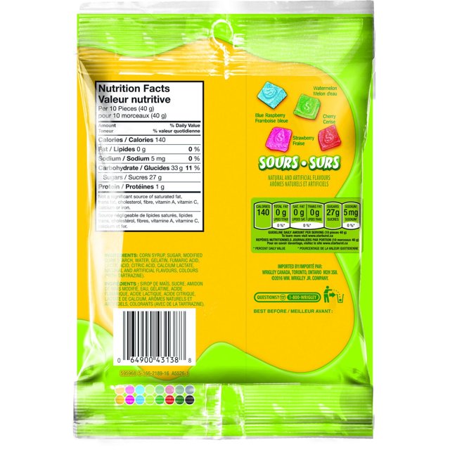 Back package view of STARBURST Sour Gummies with nutrition panel and ingredient information