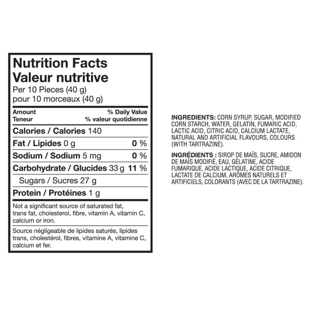 STARBURST Sour Gummies nutrition facts and ingredients panel showing serving information