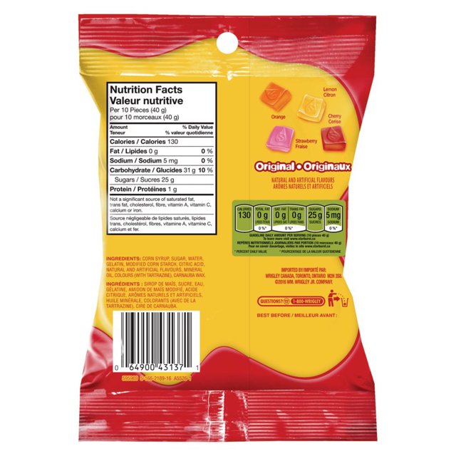 Back of STARBURST Original Gummies 164g package showing assorted lemon, orange, cherry, and strawberry gummies