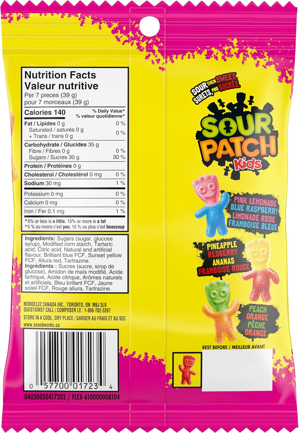 Back of Sour Patch Kids Big Heads Candy 154 g package with nutrition facts and flavor details