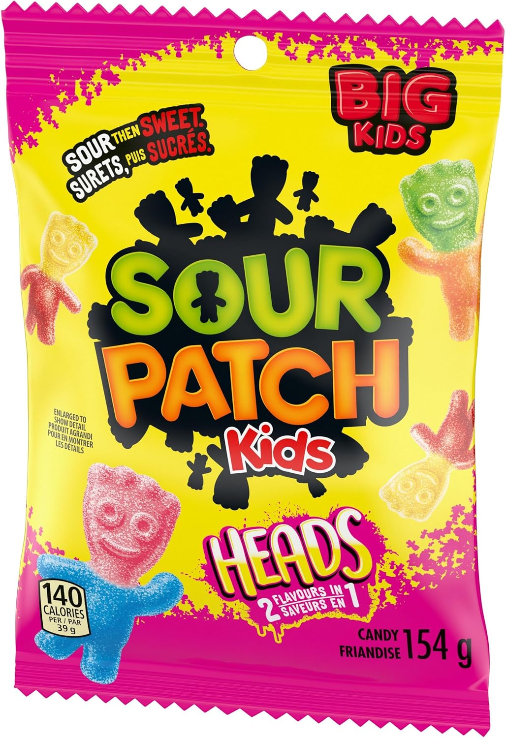 Front view of Sour Patch Kids Big Heads candy package featuring colorful gummy heads