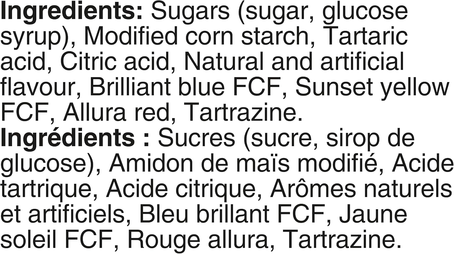 Sour Patch Kids Big Heads Candy ingredients label showing sugars and fruit flavors