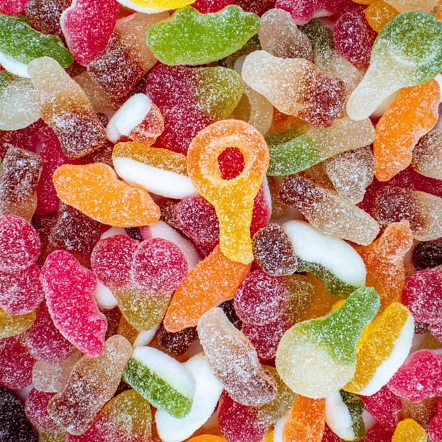 Close-up of colorful sugar-coated HARIBO Tangfastics gummy candy pieces in assorted shapes
