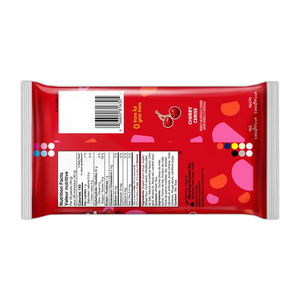 Back of Twizzlers Nibs Cherry Candy 400 g package with nutrition facts and ingredients