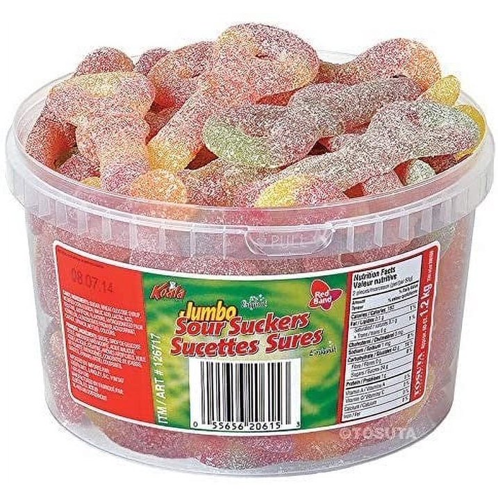 Koala Jumbo Sour Suckers clear candy container showing colorful sugar-coated gummy pieces and front packaging