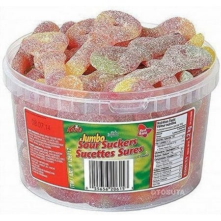 Koala Jumbo Sour Suckers gummy candy in 1.2 kg clear bulk tub filled with colorful sugar-coated gummies