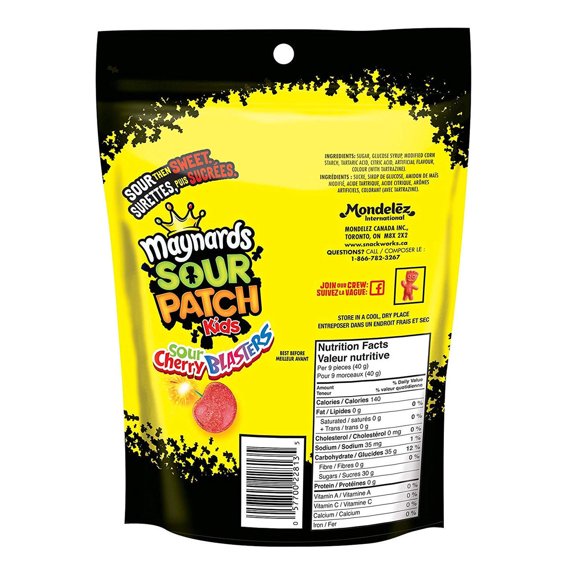 Back of Maynards Sour Patch Kids Sour Cherry Blasters 355g package showing nutrition and product information