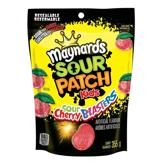 Front of Maynards Sour Cherry Blasters 355g bag with cherry-shaped sour gummy candy graphics